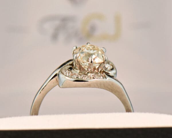 mid century bypass engagement ring set with 1ct old mine cut diamond 2