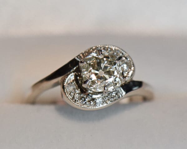 mid century bypass engagement ring set with 1ct old mine cut diamond 4