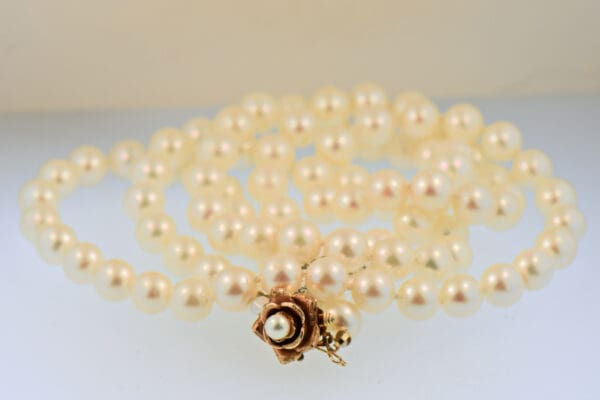 vintage akoya pearl strand with gold rose floral clasp