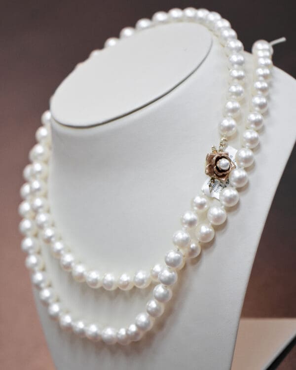 vintage akoya pearl strand with gold rose floral clasp 4
