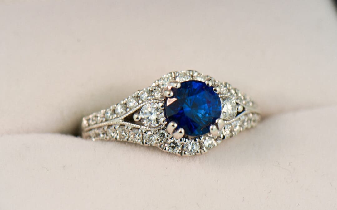 vintage style round blue sapphire and diamond ring white gold