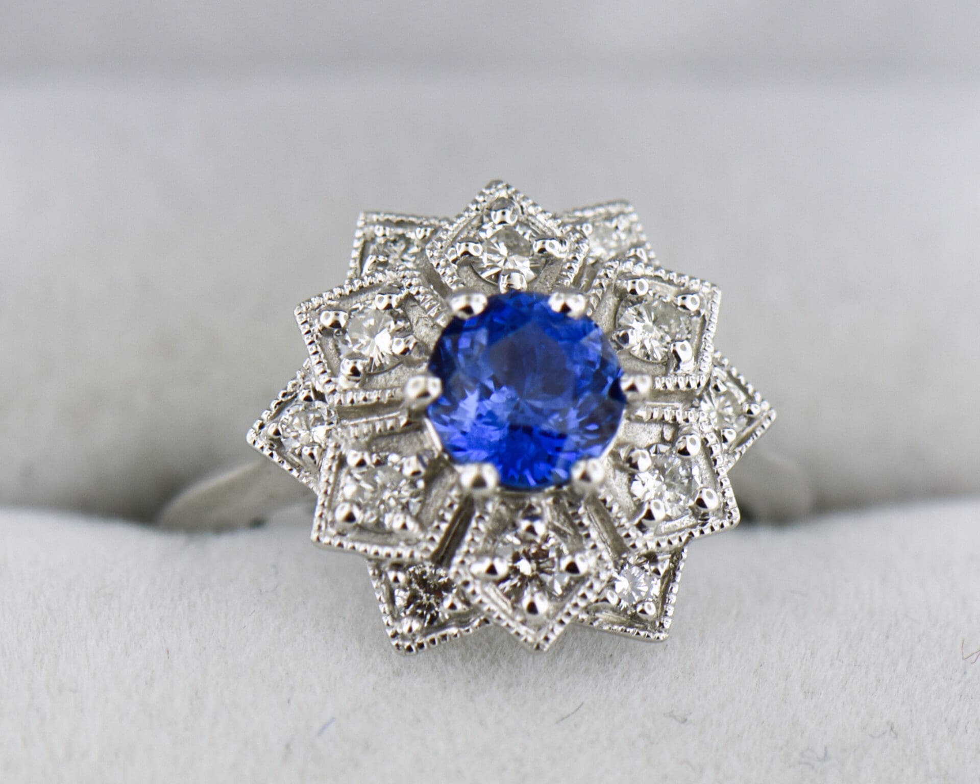 Custom Mandala Engagement Ring with Cornflower Blue Sapphire