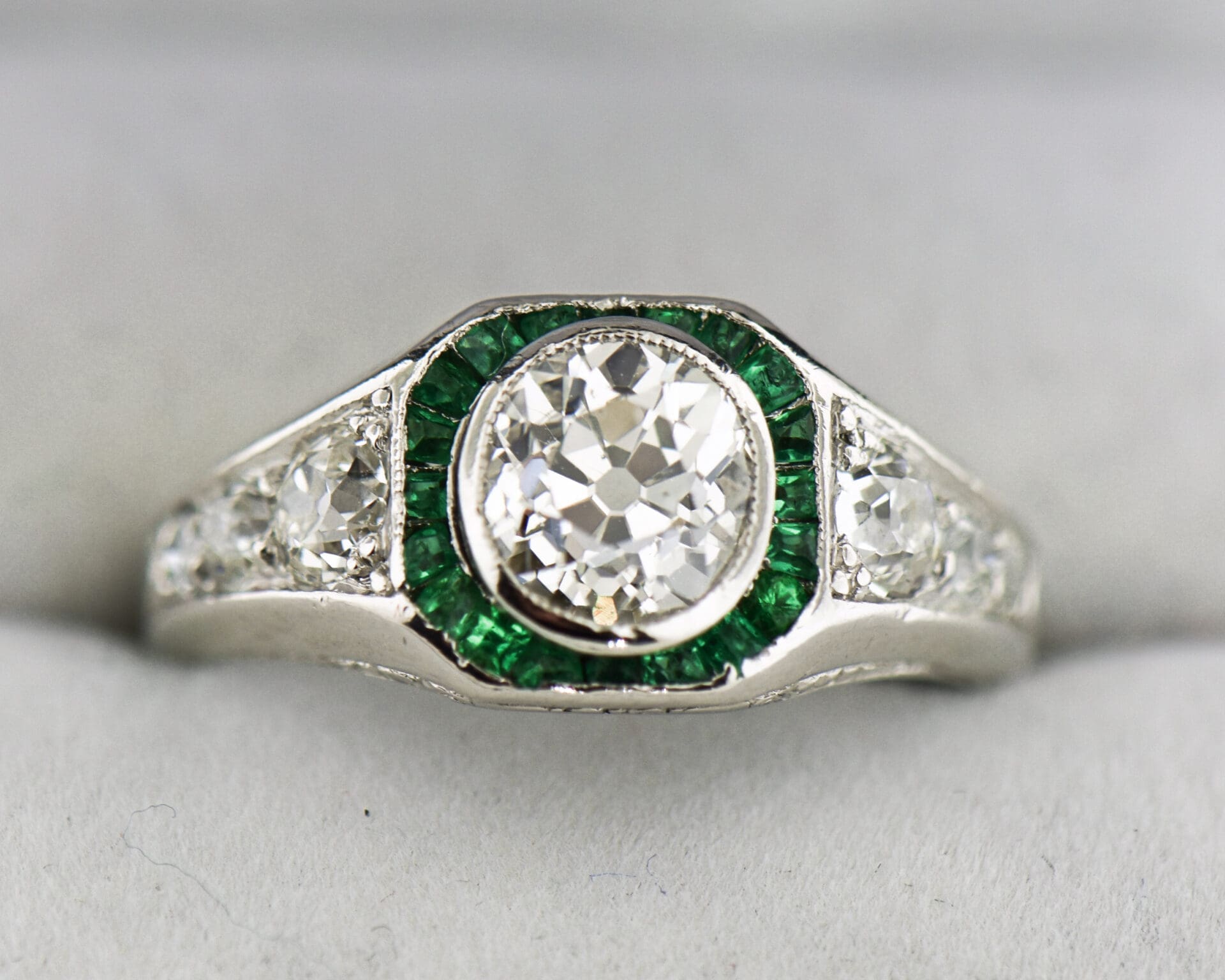 Art Deco Target Ring with Emeralds Mine Cut Diamonds Exquisite Jewelry for Every Occasion FWCJ