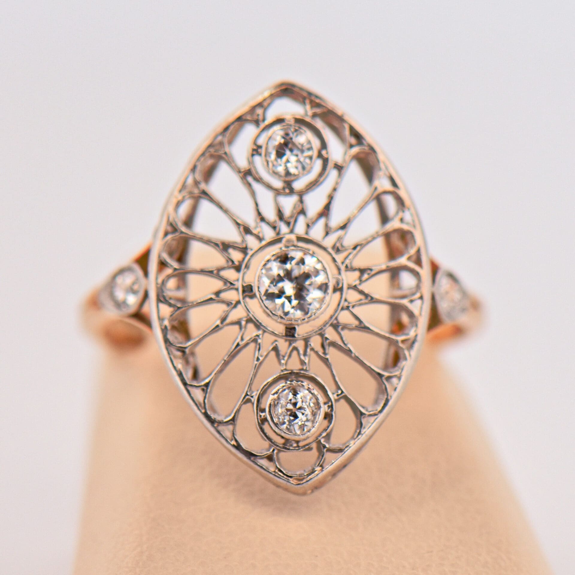 Belle Epoque Diamond Filigree Navette Ring | Exquisite Jewelry for