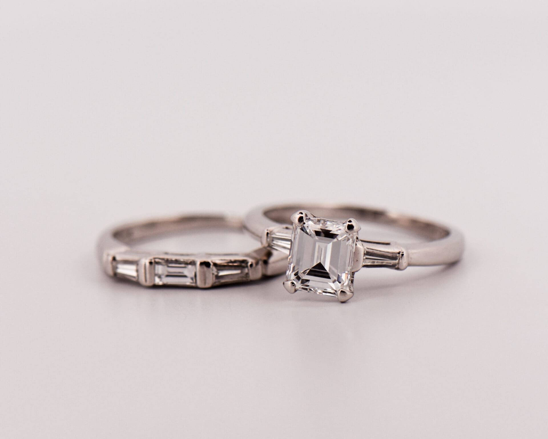 Classic Wedding Set with Emerald Cut & Baguette Diamonds - thumbnail 2