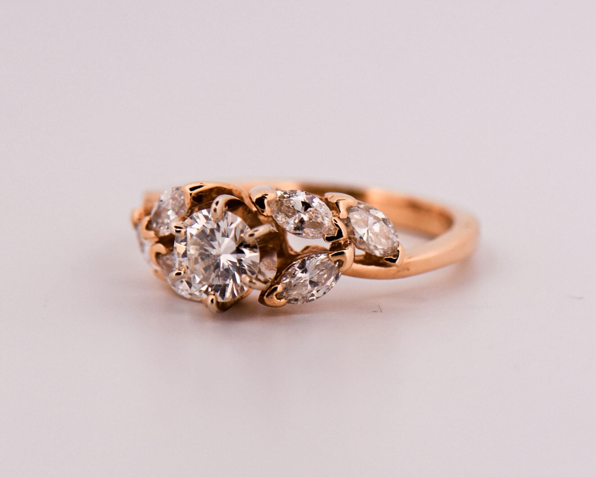 Vintage Round Diamond Ring with Marquise Diamond Accents