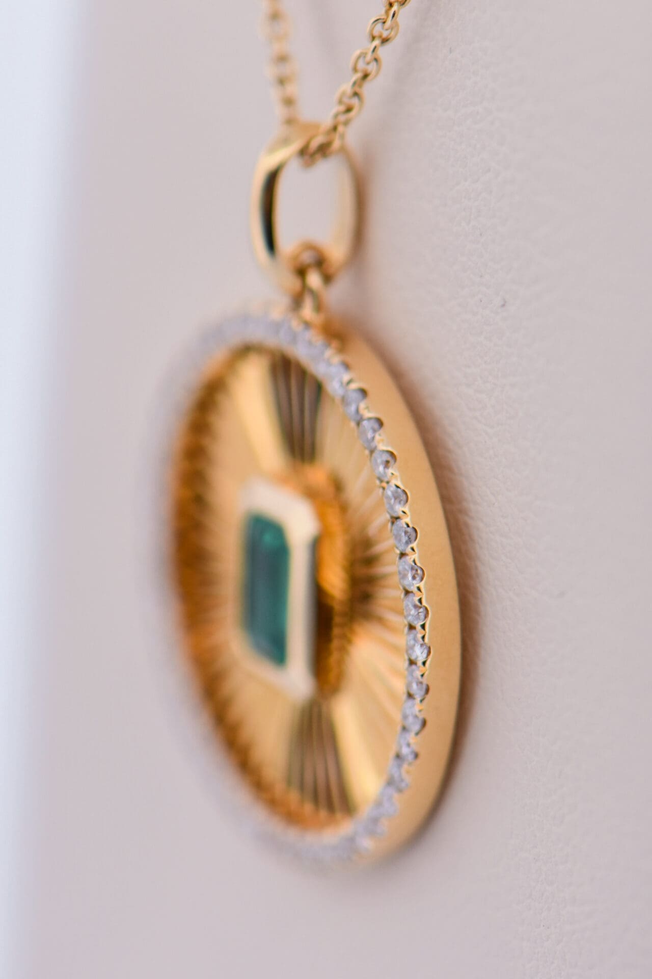 Gold Medallion Pendant with Emerald & Diamond Sunburst - thumbnail 2