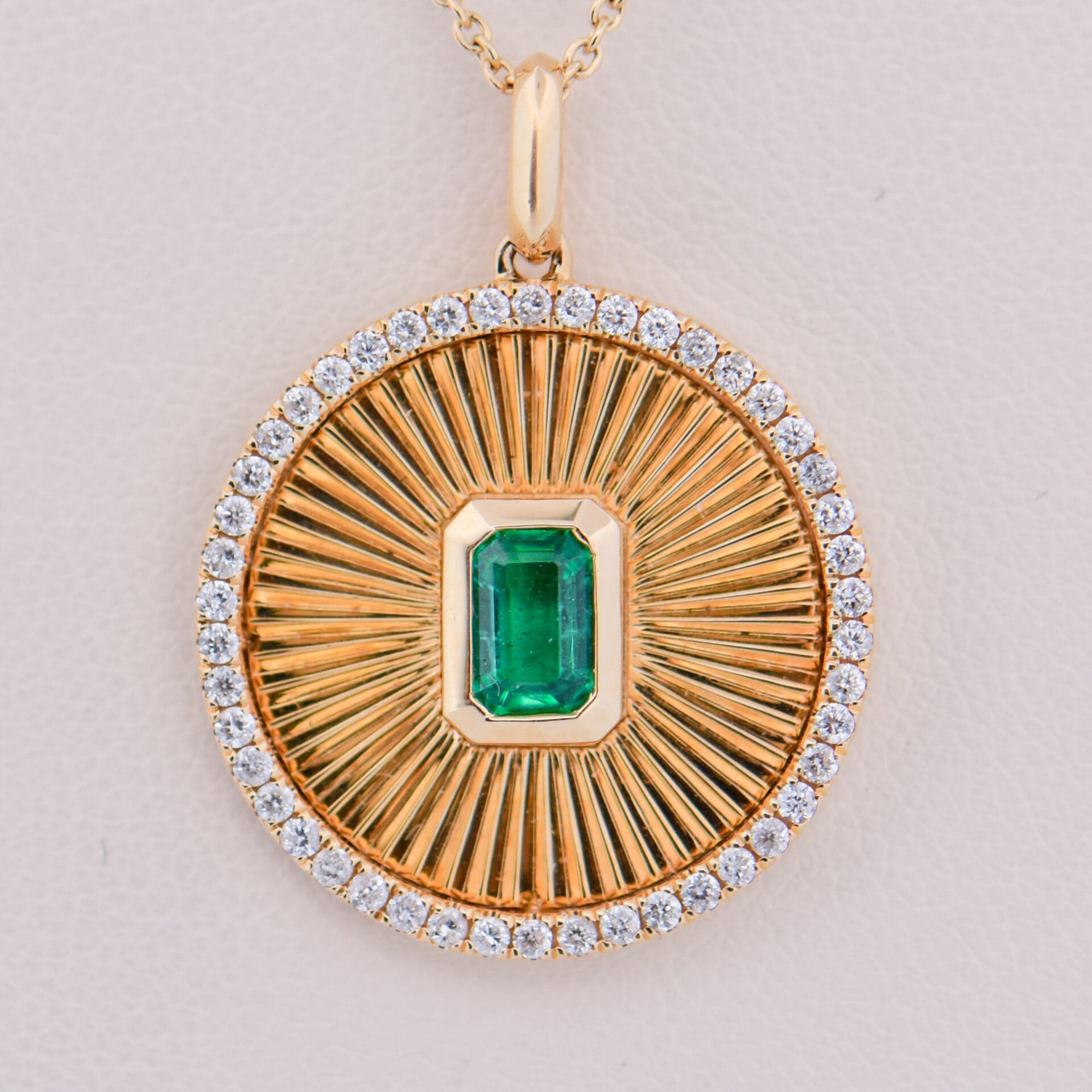 Gold Medallion Pendant with Emerald & Diamond Sunburst - thumbnail 4