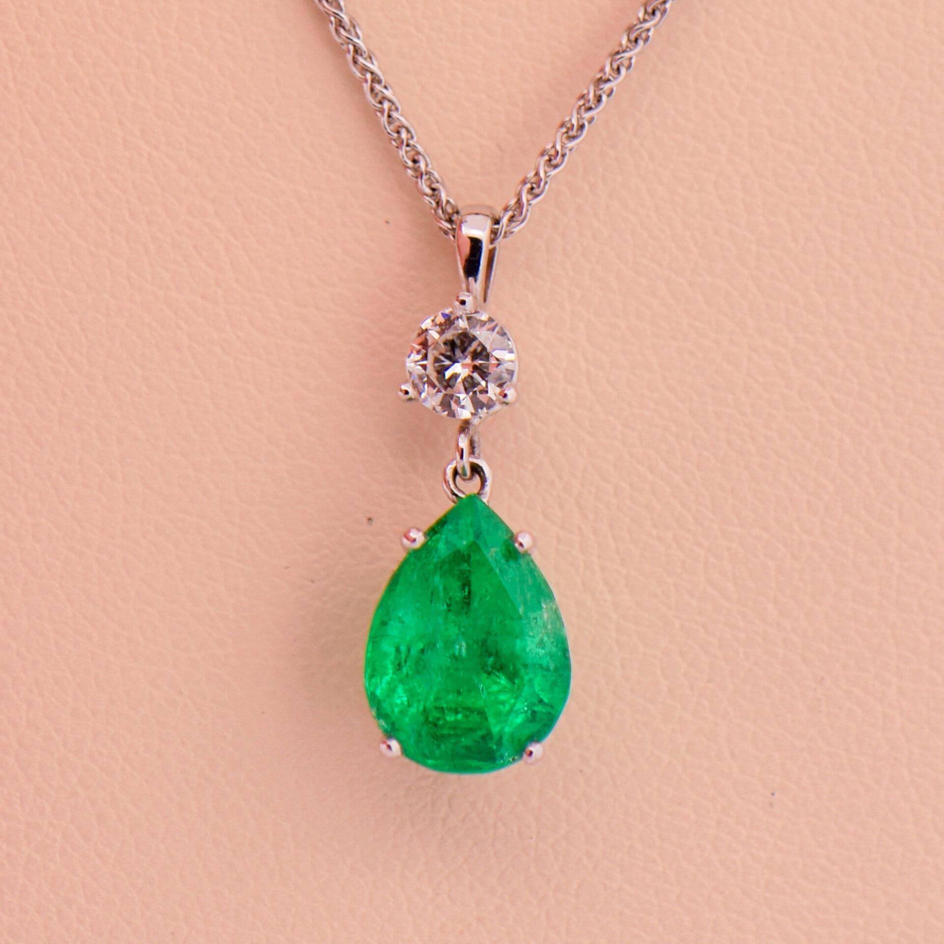 Natural 2ct Pear Emerald & Diamond Drop Pendant | Exquisite