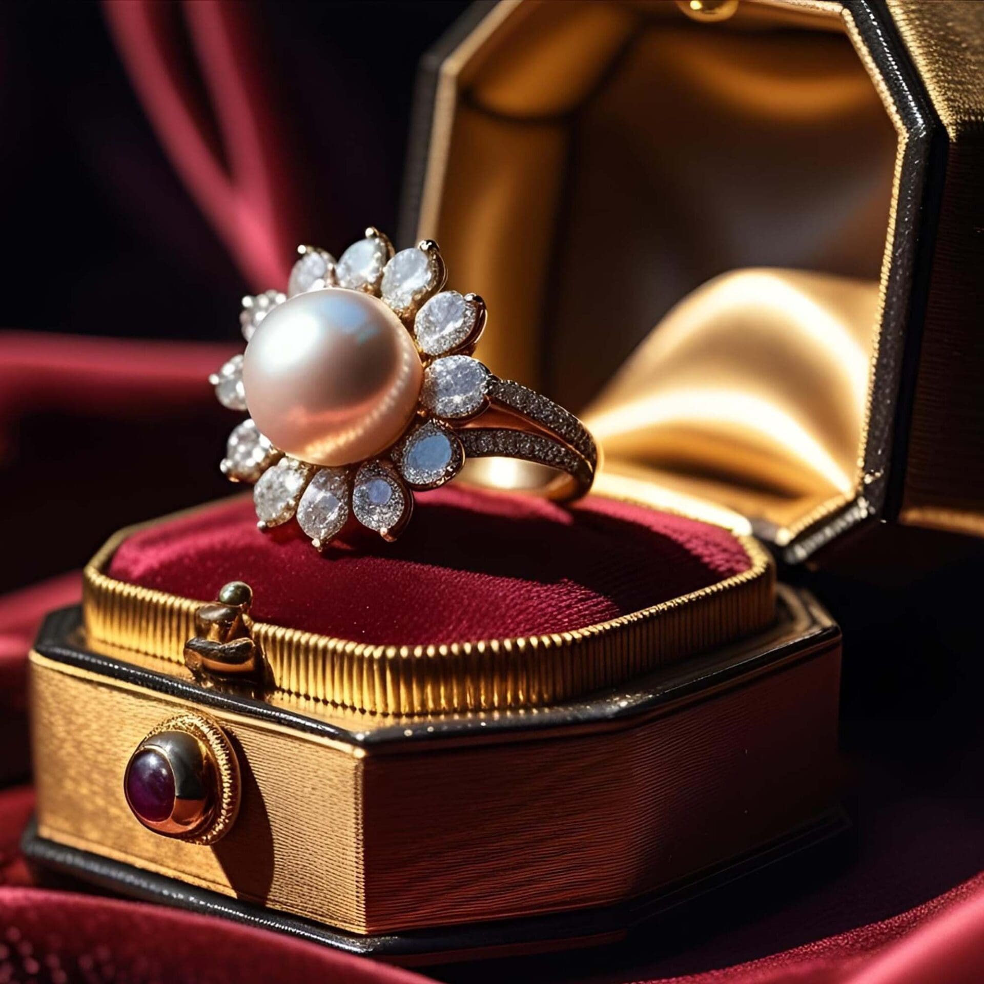 Mid-century gold octagonal ring box with a deep red velvet interior displaying a pearl and diamond ring on maroon fabric.